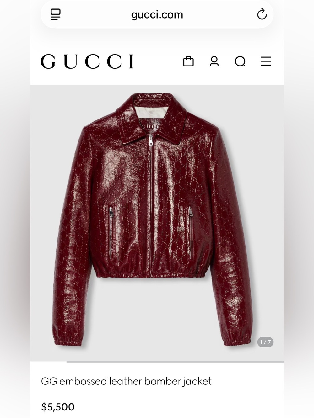 BRAND NEW Gucci Burgundy GG Leather Bomber Jacket